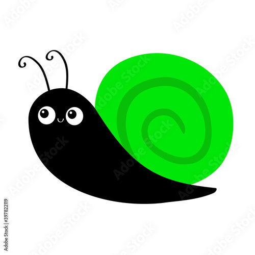 Snail cochlea icon. Green shell. Cute cartoon kawaii funny character. Insect bug isolated. Big eyes. Blue body. Smiling face. Flat design. Baby clip art. White background.