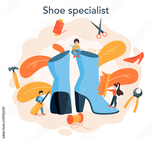 Shoemaker concept. Male and female character mending shoe.