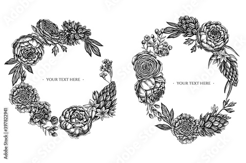 Floral Wreath of black and white peony, carnation, ranunculus, wax flower, ornithogalum, hyacinth