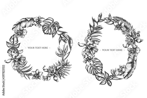 Floral Wreath of black and white monstera, banana palm leaves, strelitzia, heliconia, tropical palm leaves, orchid