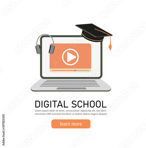 E-learning, online education at home concept.
Distance education, online courses, tutorials, webinar, digital classroom, online teaching metaphors. Flat vector illustration, isolated objects.
