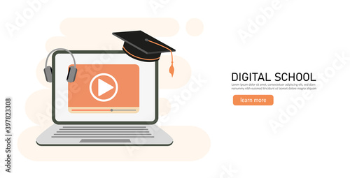 E-learning, online education at home concept.
Distance education, online courses, tutorials, webinar, digital classroom, online teaching metaphors. Flat vector illustration, isolated objects.