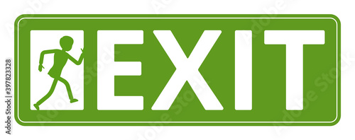 Emergency door exit sign, green safety evacuation indicator. Running man pictorial international representation, arrow showing the escape route, public facility. Vector flat style cartoon illustration