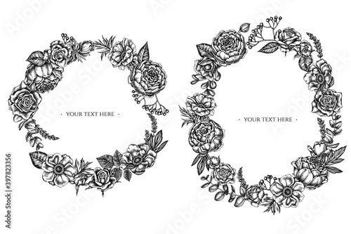 Floral Wreath of black and white roses, anemone, eucalyptus, lavender, peony, viburnum