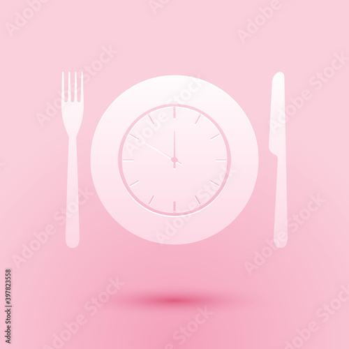 Paper cut Plate with clock, fork and knife icon isolated on pink background. Lunch time. Eating, nutrition regime, meal time and diet concept. Paper art style. Vector.