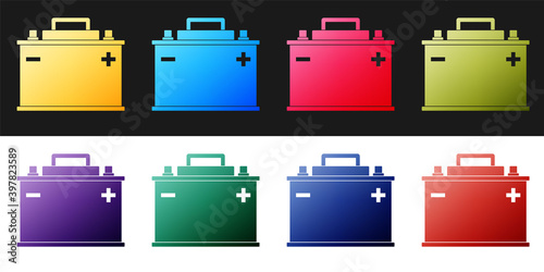 Set Car battery icon isolated on black and white background. Accumulator battery energy power and electricity accumulator battery. Vector.