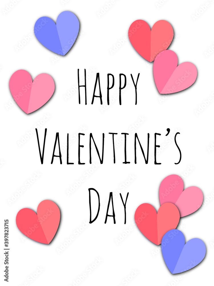 Happy valentine's day greeting card template. Red pink blue heart paper shapes. Folded paper cutting hearts on white background. High quality photo.