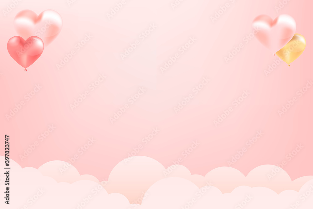Happy valentine's day with realistic balloons and pink clouds. Pink background for the holiday of lovers. Vector illustrations.