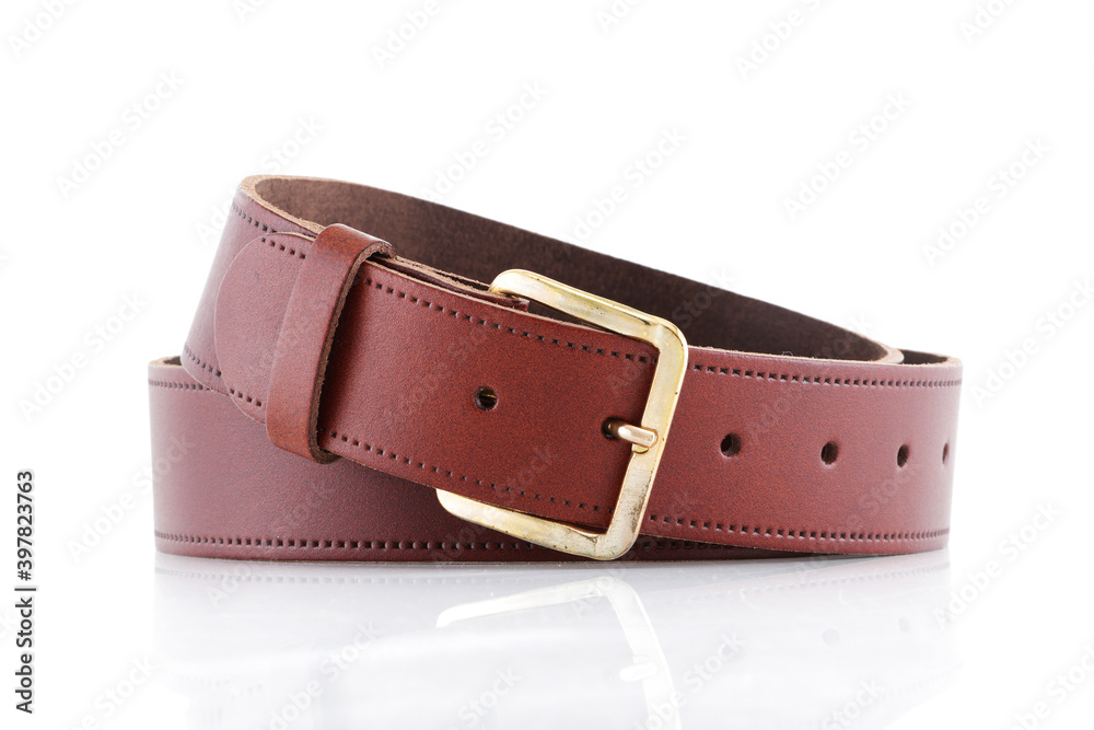 Brown leather belt on a white background with front reflection Brown leather belt on a white background with front reflection