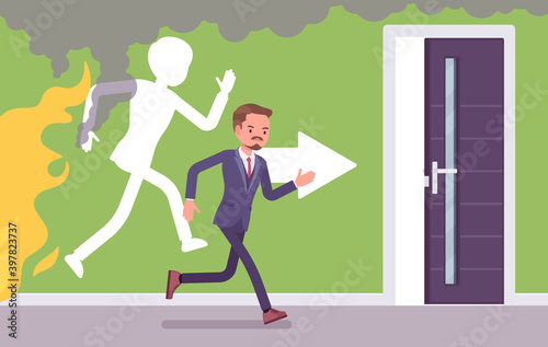 Fire emergency evacuation for man during alarm. Alert building occupant leaving office in a life-threatening situation, potential hazard in a workplace. Vector flat style cartoon illustration © andrew_rybalko