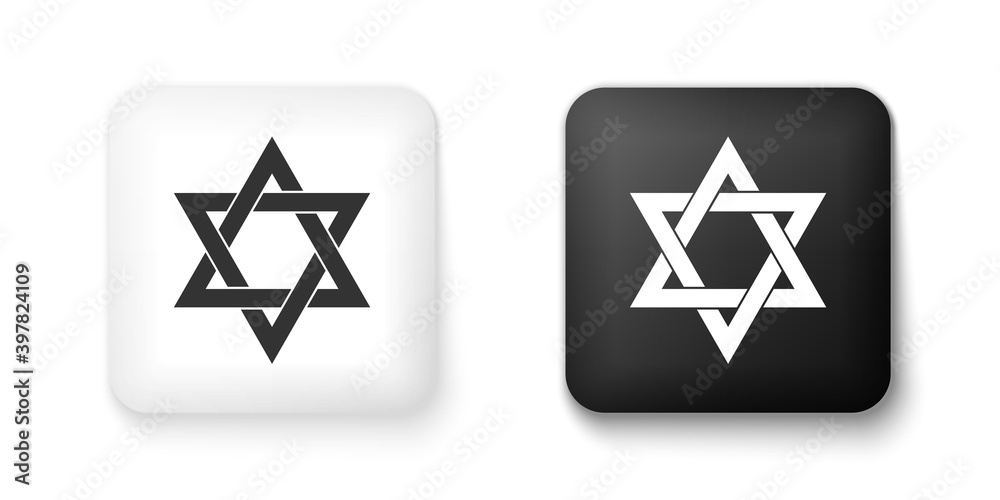 Black and white Star of David icon isolated on white background. Jewish religion symbol. Square button. Vector. Black and white Star of David icon isolated on white background. Jewish religion symbol. Square button. Vector.