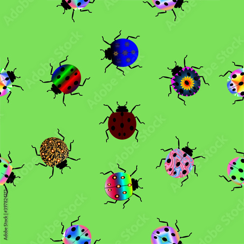 Seamless pattern of many colorful Ladybugs isolated on green color background. Vector illustration of good luck concept design. © Sondem