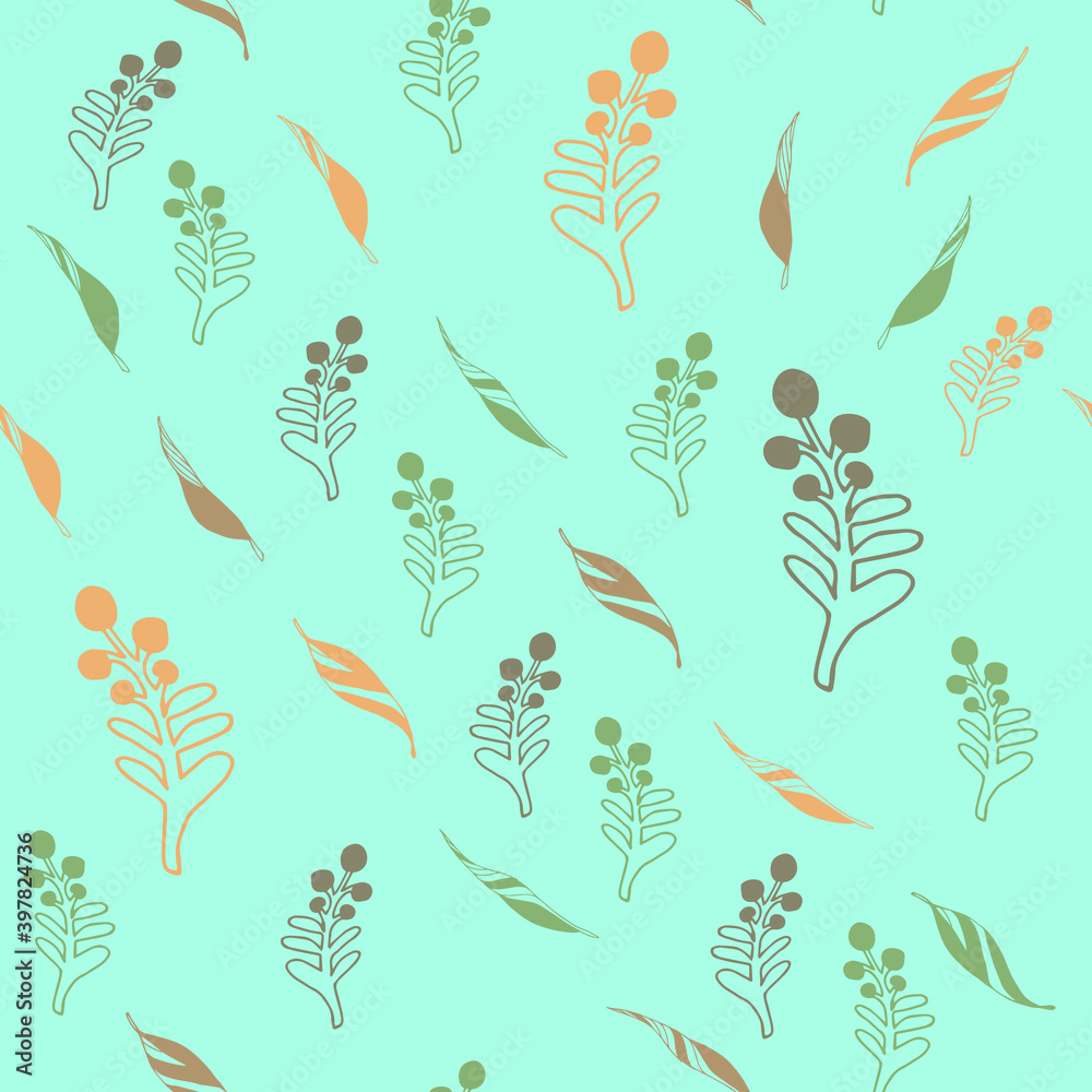 Image of leaves and berries on a blue background.Seamless pattern.