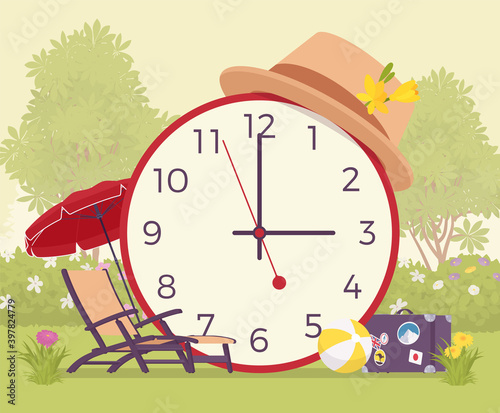 Summer time design, giant round clocks symbol. Perfect picnic weather, bright pleasant warm holiday day with resort accessories, vacation Vector flat style cartoon illustration, green lawn scenery