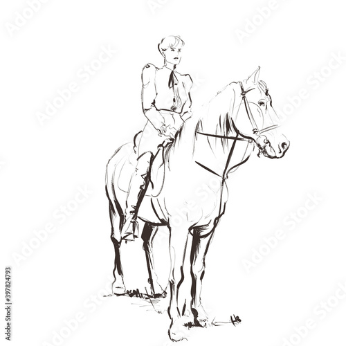 Equestrian woman on a white horse dressed in high fashion clothes and thigh high boots.