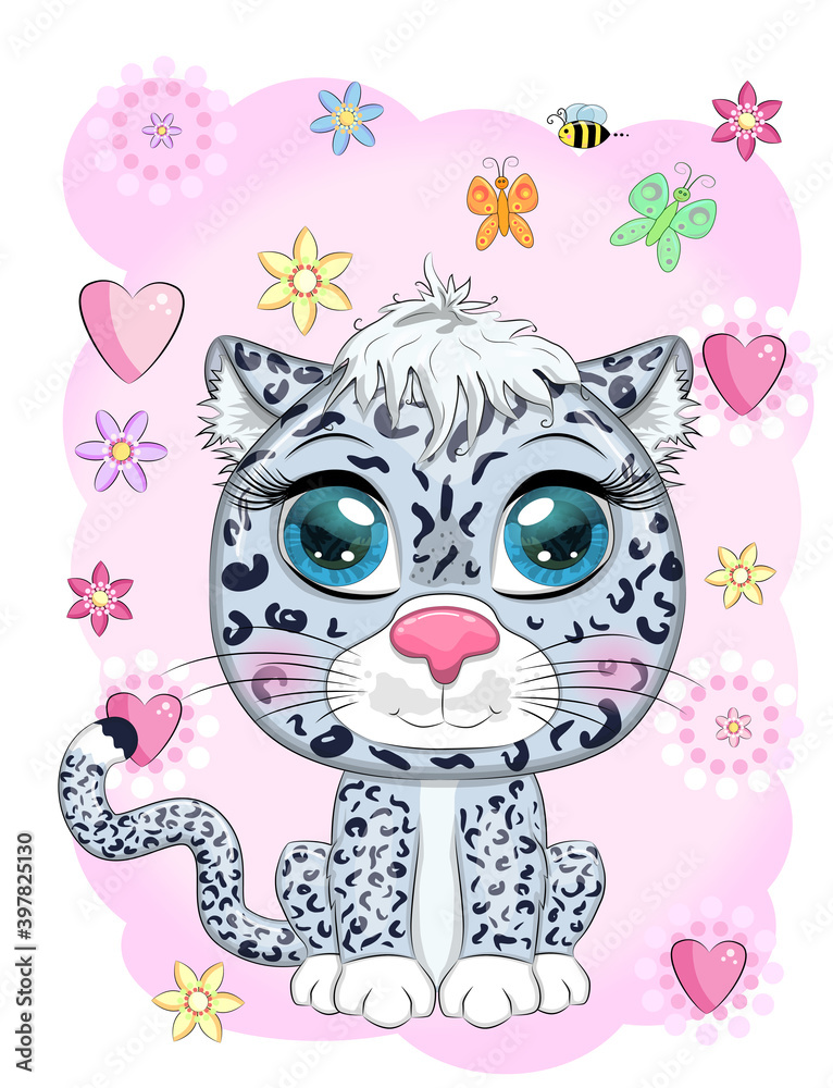 Cartoon snow leopard with expressive eyes. Wild animals, character, childish cute style.