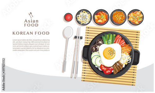Korean cuisine Bibimbap, Rice mixing with various ingredients in black bowl top view vector illustration