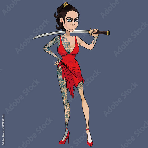 cartoon woman in tattoos holding a sword behind her head
