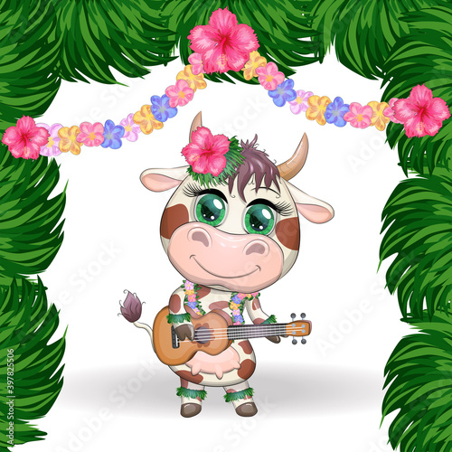 Cute cartoon bull  cow with beautiful eyes  Hawaiian hula dancer character with ukulele guitar among leaves  flowers. Chinese new year cute bull mascot