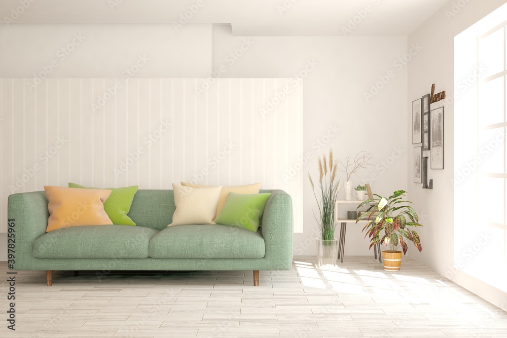 Fototapeta premium White living room with sofa. Scandinavian interior design. 3D illustration