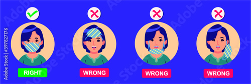 How to wear medical face mask properly. Instruction for personal hygiene during coronavirus. girl characters wearing right and wrong way of surgical mask or face covering. © INDRAJIT