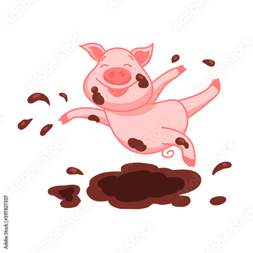 Cheerful pig jumping in a puddle. Cute childish character. Vector illustration isolated on white background.
