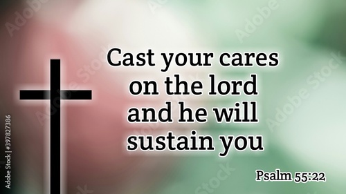 Inspirational and encouraging bible verse with black jesus cross symbol on colorful background
