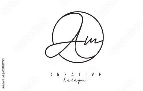 Handwritten letters AM A M logo design with simple circle vector illustration.