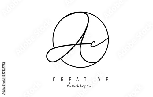 Handwriting letters AC A C logo design with simple circle vector illustration.