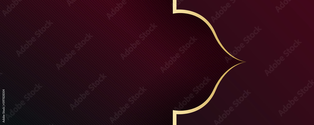 Red and gold islamic banner background with golden frame border