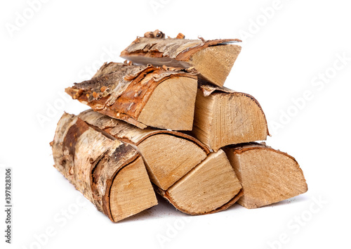 Leinwand Poster heap of birch firewood logs isolated on white background