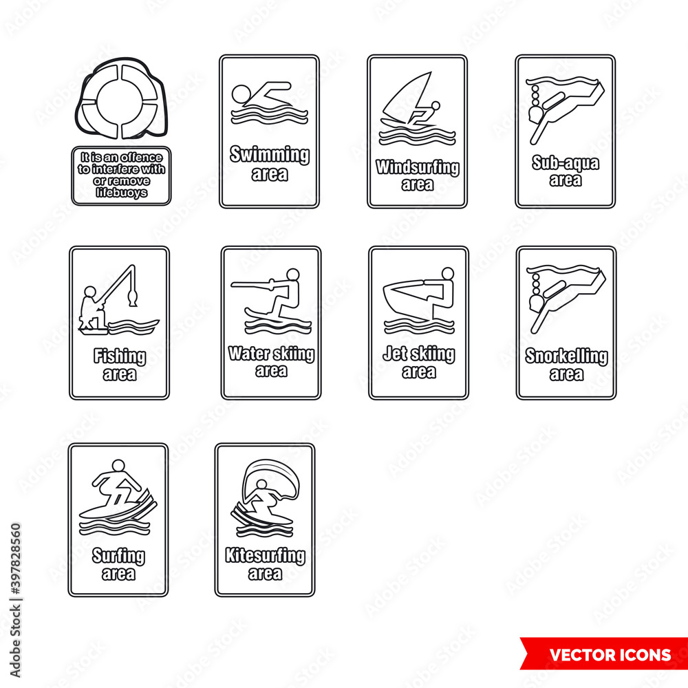 General water safety notice signs icon set of outline types. Isolated vector sign symbols. Icon pack.