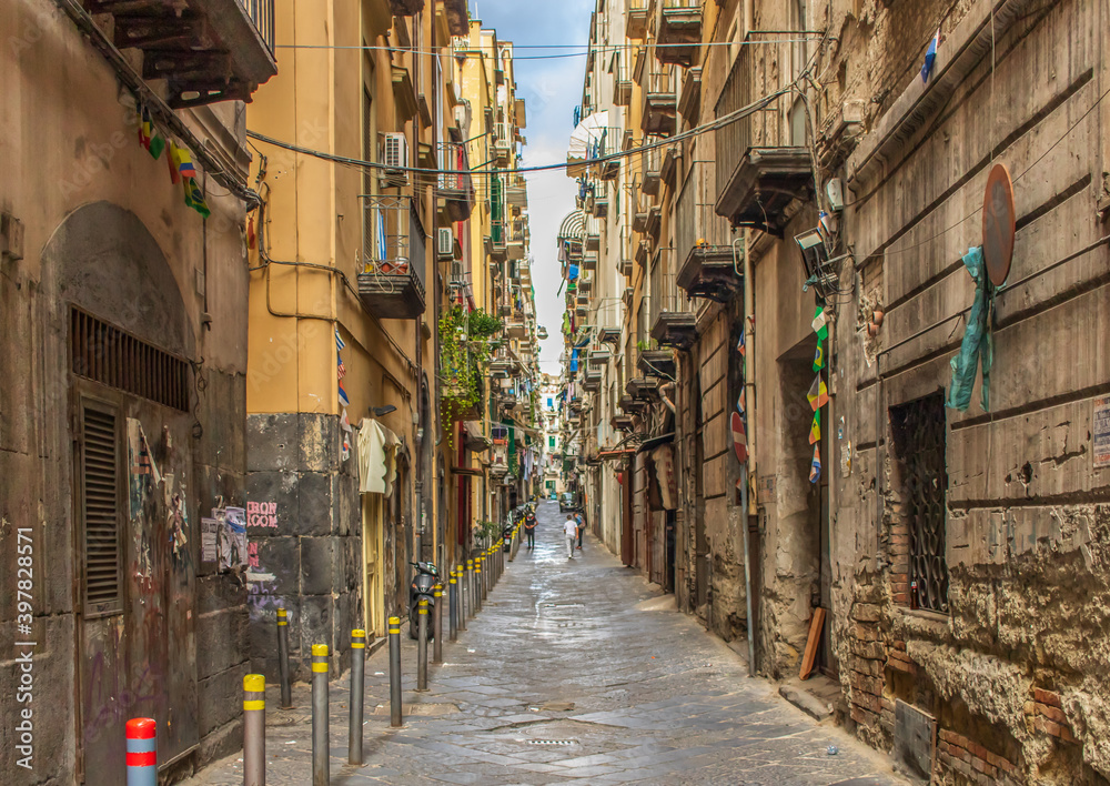 Naples, Italy - an intricate maze of narrow streets and alleys, the Spanish Neighborhoods (Quartieri Spagnoli) are the heart of Naples. Here in particular a glimpse