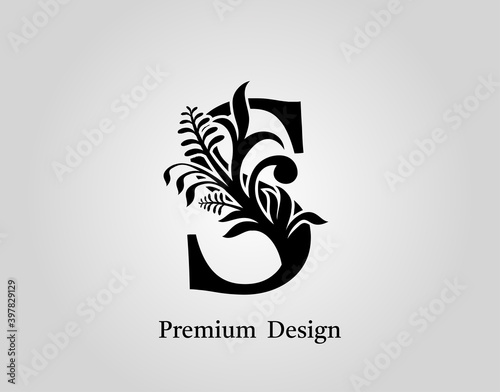 Elegant Letter S Floral Design. Vintage Calligraphic Alphabetical Icon for book design, brand name, stamp, Restaurant, Boutique, Notary, Hotel.