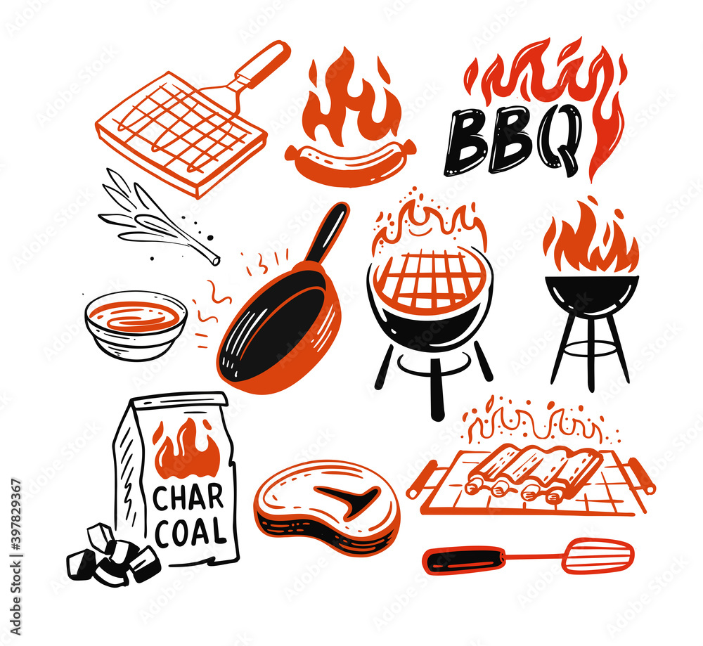 Vecteur Stock bbq stickers and emblems of grills and meat | Adobe Stock