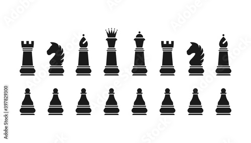 Vector chess, isolated on white background. Playing chess on the Board. King, Queen, rook, knight, Bishop, pawn Chess icons