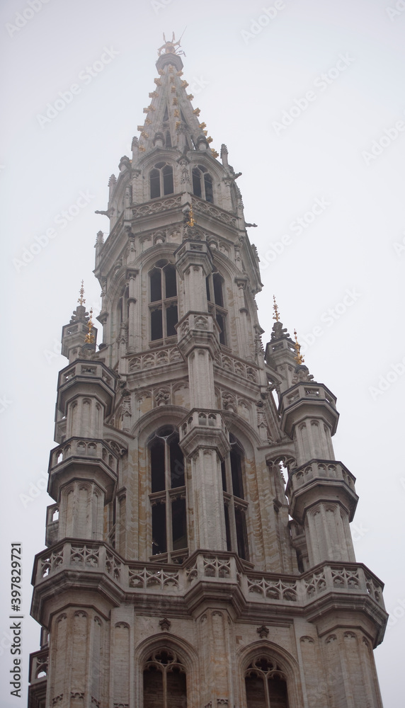  On the Grand Place Square is City Hall. The weather is cloudy