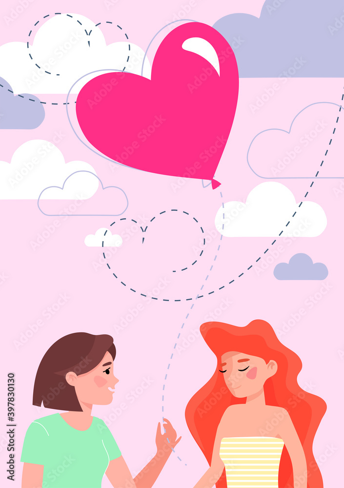 lgbt community. same-sex love. Valentine's day. declaration of love.pink hot air balloon among the clouds