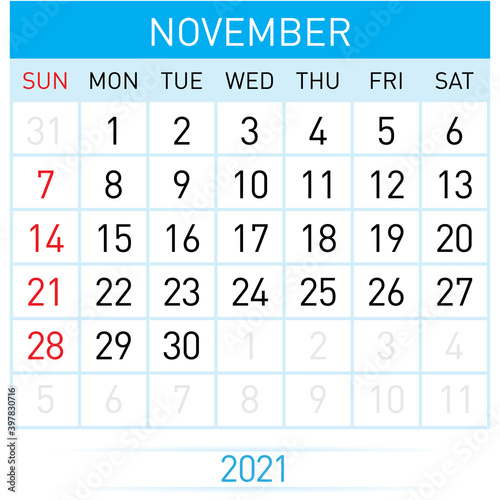 November Planner Calendar 2021. Illustration of Calendar in Simple and Clean Table Style for Template Design on White Background. Week Starts on Sunday