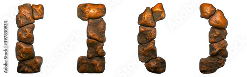 Set of rocky symbols left and right square bracket and left, right parentheses . Font of stone on white background. 3d