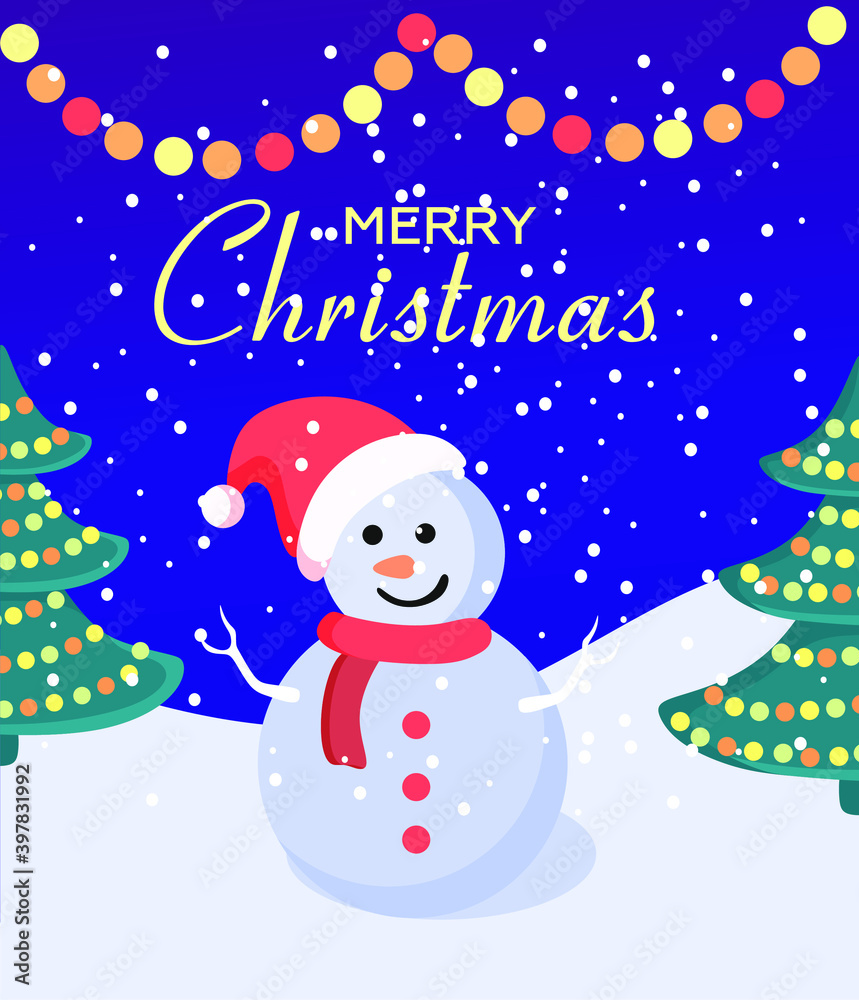 Merry Christmas and Happy New Year. Card and invitation with a snowman, a Christmas tree and colorful garlands on a blue glittering background. Vector illustration Merry Christmas and Happy New Year. Card and invitation with a snowman, a Christmas tree and colorful garlands on a blue glittering background. Vector illustration