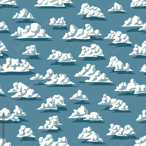 Seamless dark blue abstract background with cartoon cumulus clouds over the sea.