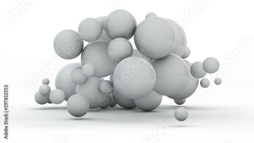 3D rendering  an abstract illustration of a white background with many randomly arranged spheres of different sizes. The geometry of the sphere  the perfect background shapes. Design of chaos