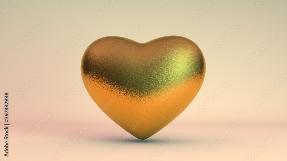 Fototapeta premium 3D rendering of the Golden heart, a symbol of the Valentine's day. A sign of love and loyalty, consent and Union. Illustration for greeting cards and invitations. The idea of real family values.
