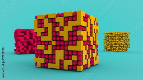 3D rendering of a blue background and a yellow abstract cube with cubic voids filled with red balls. In the background  a cube without balls and balls in the structure of the cube.