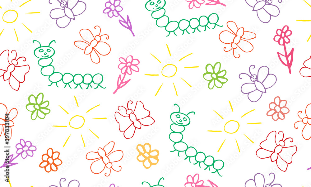 Kid’s picture of insects (butterflies, caterpillar) and flowers, sun. Seamless pattern for wrapping paper, fabric and etc. Vector illustration.