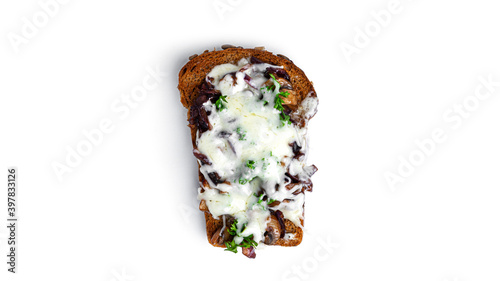 Hot sandwich with mushrooms on a white background. High quality photo