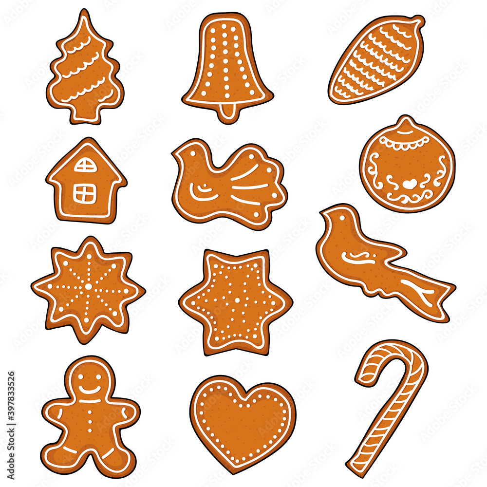 Set of Christmas cookies. New Year design elements man, tree, house, Christmas ball, bird, star, bell, lollipop, heart cone Hand drawing Vector illustration Set of Christmas cookies. New Year design elements man, tree, house, Christmas ball, bird, star, bell, lollipop, heart cone Hand drawing Vector illustration