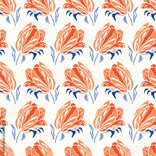 Botany Geometric Baroque Tulip Pattern. Seamless Vector Floral Background. Linocut Design. Vintage Kitchen. Kitchen Wear, Hoem Decor, Gift Wrap. Vector EPS 10 Tile. photo