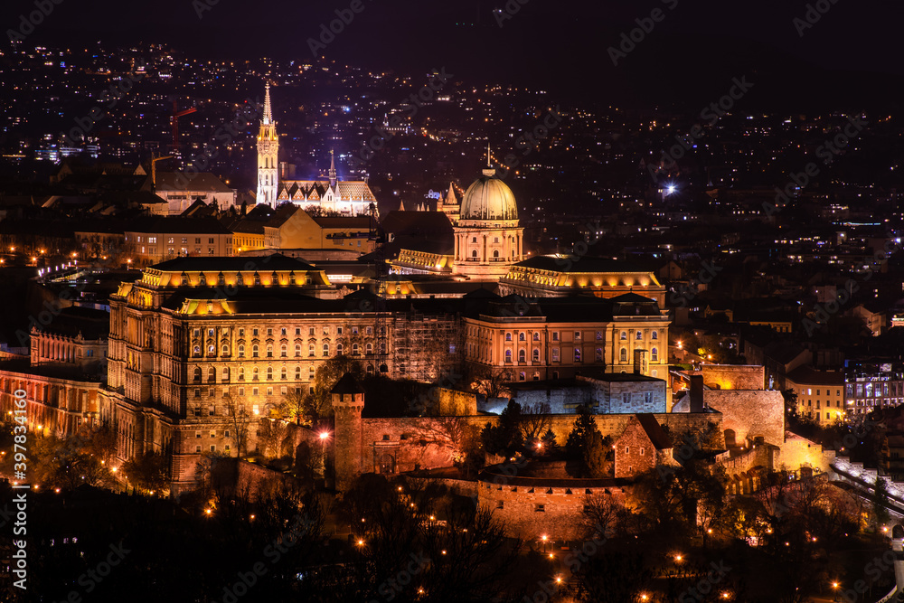 Hungary, Budapest at night view from Gellert mountain on the night city